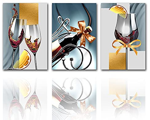Tucocoo Kitchen Pictures Wall Decor Golden Art Wine Glass Bottle Wall Art 3 Pcs/Multi Panel Canvas Abstract Red Wine Bottle Paintings Aesthetic Home Decor Wooden Framed Ready to Hang(60x28 inches)