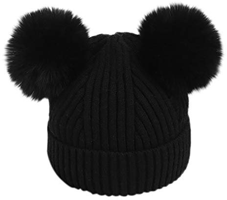 QinMMSPORTS Baby Mütze Junge Warme Gestrickte Wintermütze mit Zwei Bommeln Perfekt Beanie für Winter und Autumn Kinder Rippstrickmütze Bunte Ohren Doppel-Pom-Mütze (Schwarz, Einheitsgröße)