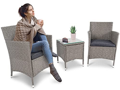 di volio Polyrattan Sitzgruppe Siena - Lounge Gartenmöbel-Set für Garten und Terrasse mit Tisch & 2 Sesseln - Lounge-Set in Rattan-Optik