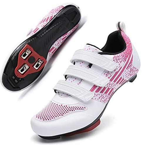 Unisex Road Bike Cycling Shoes Compatible with Peloton Shimano SPD Bike Riding Shoes for Men Women, 3 Straps, Pre-Installed Delta Cleats for Indoor Outdoor Cycling Biking Size 7 (White-Pink)