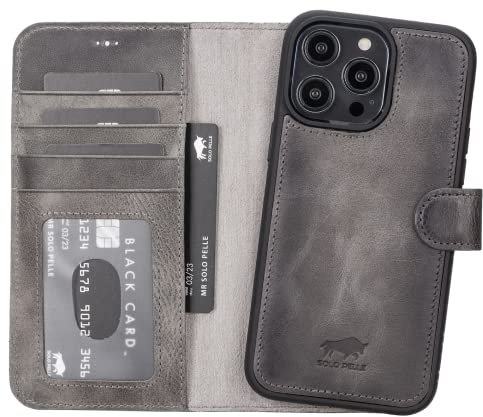 Solo Pelle Lederhülle kompatibel für iPhone 14 Pro Max in 6.7 Zoll abnehmbare Hülle (2in1) inkl. Kartenfächer für das original Apple iPhone 14 Pro Max in 6.7 (Steingrau)