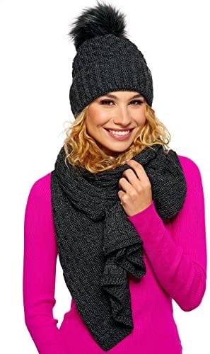 ELIMELI Mütze und Schal Set Damen Winter - Warme Strickmütze mit Bommel, Winterset Strick Beanie für Winter (Dunkelgrau - Set mit Schal)