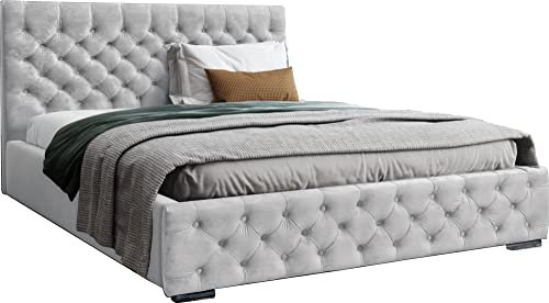 WFL GROUP Samtstoff Polsterbett Doppelbett 140x200 160x200 180x200 cm Bettgestell Mit Bettkasten Lattenrost und Gestepptes Kopfteil - Hydrophobe Stoff - Chesterfield-Stil - Hell Grau - 140 x 200 cm