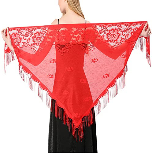 JK Home Dreieckstuch mit Blumen-Spitze und Quasten, ausgehöhlt, weicher Netzstoff, Fransen-Schal, 184 cm für Hochzeit, Abend, Party, Frauen, Schals, Bikini-Cover Up, rot, One size