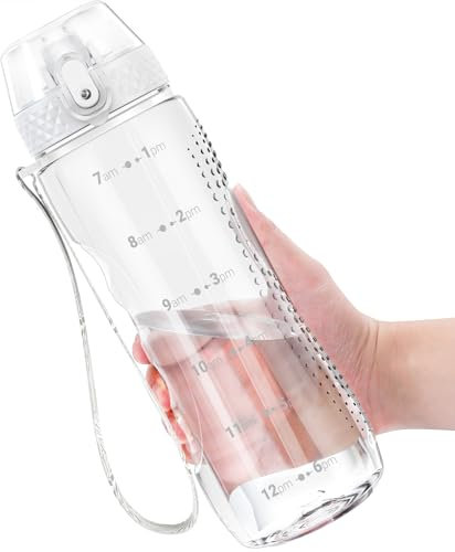 OLDLEY 750ml/25oz Water Bottles with Straw Leakproof Kids Water Bottles for School Plastic Tritan Drink Bottles Hydrate Sports Bottles BPA Free Time Markings Gym Bottles for Women Men(Transparent)