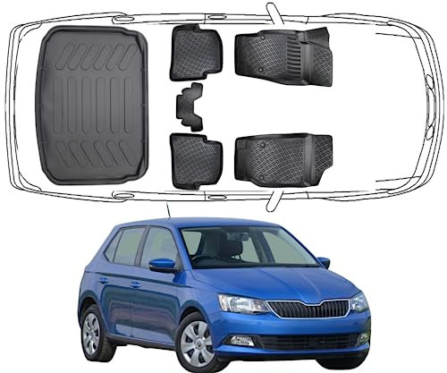 Rizline Passgenau 3D Fussmatten & Kofferraumwannee Auto Set Kompatibel mit Skoda Fabia III 2014-2022 Auto Zubehör Gummimatten & Kofferraummatte Autos TPE Allwetter Geruchlos rutschfest Schwarz