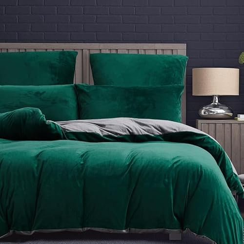 Luowei Warme Wende Bettwäsche 135x200cm Dunkelgrün Grau Fleece Plüsch Flauschig Bettbezug Set Winterbettwäsche Fleece Warme Bettwäscheset und Kopfkissenbezug 80x80 cm mit Reißverschluss