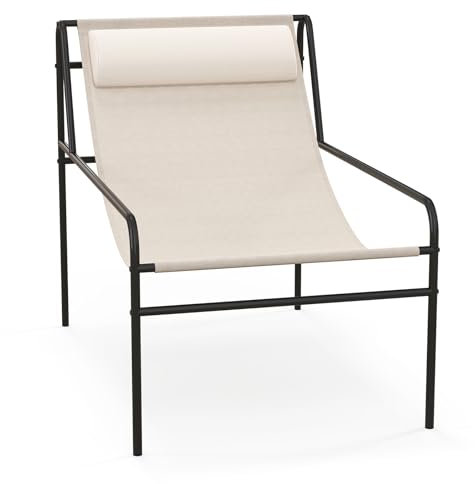 COSTWAY Garden Lounge Chair, Modern Sling Patio Chair with Removable Headrest Pillow, Heavy Duty Metal Frame Recliner Seat Accent Leisure Chair for Deck, Backyard and Poolside