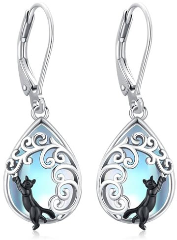 Katzen Ohrringe 925 Sterling Silber Mondstein Katzen Baumeln Ohrringe Hypoallergene Ohrringe Mondstein Schmuck, Geschenke für Damen Mädchen Schwester Mütter
