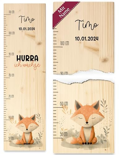 Messlatte Kinder - Hurra ich wachse Fuchs mit Name und Datum Kindermesslatte Babymesslatte Jungen Mädchen - 50-110 cm - Holz - baby für