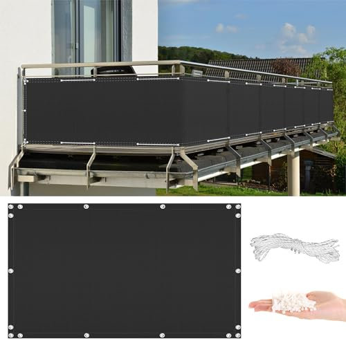 AYLFBFU Balkon Sichtschutz Schwarz 110x150cm, 100% Polyester-Oxford 96% Beschattungsgrad, inkl. Nylonkordel Befestigungsmaterial - Balkonumspannungen für Terrasse, Hinterhof, Terrasse, Balkon