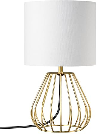 EDISHINE Bedside Lamp, Table Lamp with Metal Cage Base & Linen Lampshade, Modern Lamps for Living Room Bedroom, E14 Socket (Bulb Included), Teardrop Cage, Gold