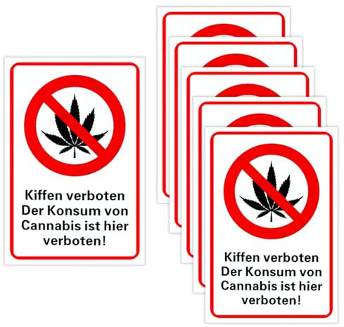 LHOEST 6 Stück Kiffen Rauchen Verboten Schild Aufkleber Set, 300 x 200mm 3M-Kleber Cannabis Verboten Schild aus Alu und 5Pcs Cannabis Prohibited Sticker, Wetterfeste Platten für Außen Innen