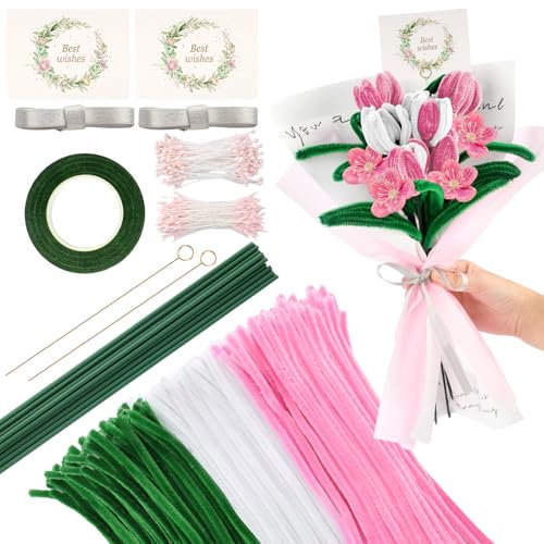 300 Stück Pfeifenreiniger Blumen, Weiß, Rosa, Grün Pfeifenreiniger Blumenstrauß, Pfeifenreiniger zum Basteln Blumen, Pfeifenputzer Blumen für Tulpenstrauß Bastelprojekte und Dekorationen