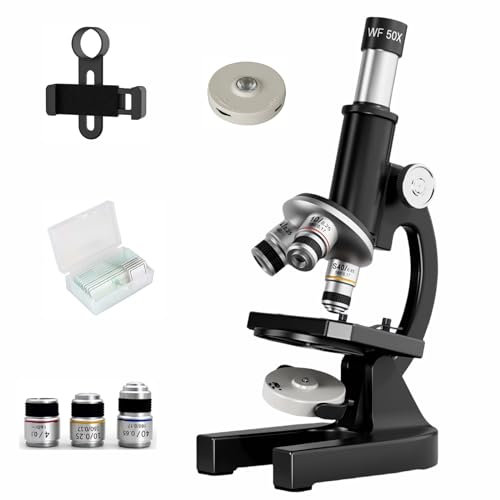 Mikroskop, 200-4000-fache Vergrößerung, biologisches Bildungsmikroskop für Schüler und Erwachsene, mit Handy-Clip, biologischer Probe und Fülllicht (schwarz)