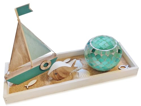 Logbuch-Verlag Deko Geschenk martim Geburtstag Badezimmer Dekoration mit Segelboot Teelichtglas Fisch auf einem Holz Tablett 45 x 22 cm