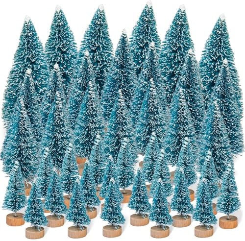 Btowin VCF 40 Pcs Mini Christmas Trees, Artificial Snow Frost Trees Blue Sisal Tree Bottle Brush Tree with Wood Base Mini Pine Tree DIY Craft Ornaments for Christmas Party Home Tabletop Decor