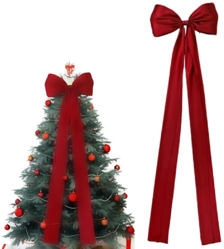 Christmas Tree Topper Bow Red Satin Bow with Long Streamers Red Ribbon Christmas Tree Topper, Simulation Norfolk Soft Glue Feel Christmas Rattan for Home Xmas Holiday Party Decor