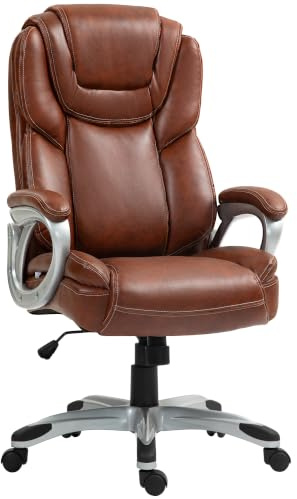 HOMCOM Chaise de Bureau, Fauteuil de Bureau avec Fonction Bascule Marron | Siège d'Ordinateur, Dossier Haut, Roulettes Pivotantes 360°, Hauteur Réglable