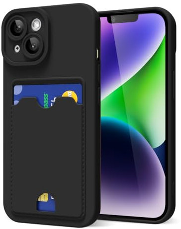 oakxco for iPhone 14 Plus Case with Card Holder, Cute Silicone Wallet Phone Case with Credit Card Slot, Soft Rubber Thin Slim Purse for Women Men with Shockproof Camera Cover Protection, Black