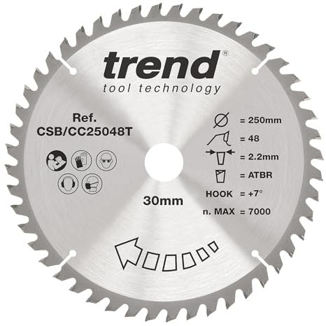 Trend Wood Cordless ATBR Mitre Saw Blade, 250mm Diameter, 30mm Bore, 48 Teeth, 2.2mm Kerf, +7° Hook, TCT, Medium Finish, CSB/CC25048T