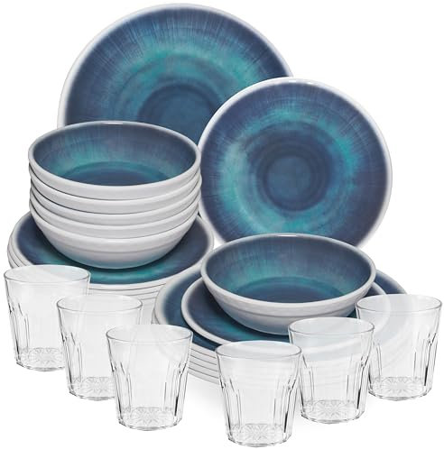Melamin Geschirr Set Jesolo Blau für 6 Personen - 24 Teile - mit klarem Trinkglas 250ml aus Acryl Steingutoptik Spülmaschinengeeignet Essgeschirr Campingzubehör Campinggeschirr Wohnwagen Gartenparty