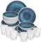 Melamin Geschirr Set Jesolo Blau für 6 Personen - 24 Teile - mit klarem Trinkglas 250ml aus Acryl Steingutoptik Spülmaschinengeeignet Essgeschirr Campingzubehör Campinggeschirr Wohnwagen Gartenparty