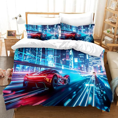 CXYXHW Rennwagen Bettwäsche Set für Jungen,Sportwagen Bettbezug Extreme Sport Thema Bettwäsche Set für Kinder mit Reißverschluss und 2 Kissenbezug (Rennwagen 5, 135x200cm)