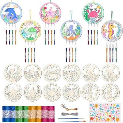 OOTSR 12er Set Meerestiere Holz-Windspiele Bastelset DIY, Windspiel Basteln Holzscheiben Malset für Kinder, Sommerdeko Bastelmaterial Kreatives Geschenk für Geburtstag, Schule, Party