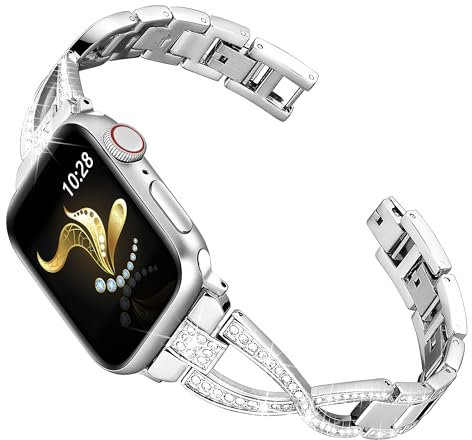 Ocaer Compatible with Apple Watch Straps 46mm 45mm 44mm 42mm 49mm, Bling Metal Bracelet Band for Apple Watch Series 11 10 9 8 7 6 5 4 Ultra SE 3 2 1, Thin Sparkly iWatch Strap for Women (Silver)