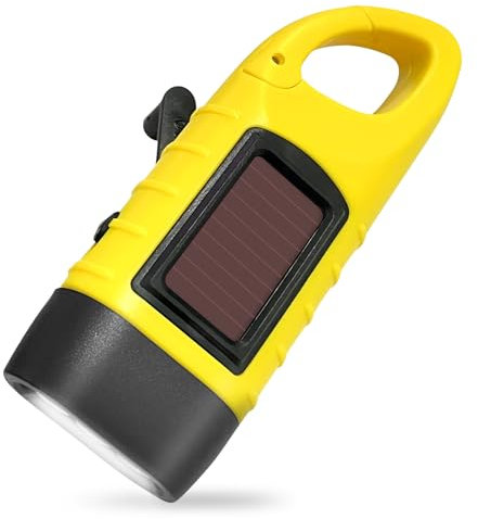 starfa lab Wind Up LED Portable Flashlight Hand Crank, Rechargeable Solar Dynamo Camping Torch Powered Carabiner Energy Flashlight for Climbing Camping Hiking (Yellow)