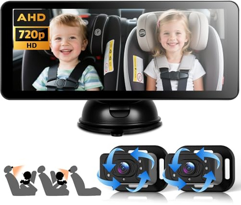 VECHTEL Dual Cámara Bebé Asiento Trasero HD 720P Espejo Retrovisor Bebé Coche Pantalla 6.86,Cámara de seguridad con visión nocturna giratoria de 360° para el espejo del asiento del coche
