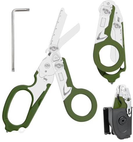Trauma Schere Multitool Rettungsschere mit 6 Praktischen Funktionen Faltbare Scherenzange aus Edelstahl-Ideal für Professionellen Einsatz Im Rettungsdienst Oder Alltägliche Aufgaben, Dunkelgrün