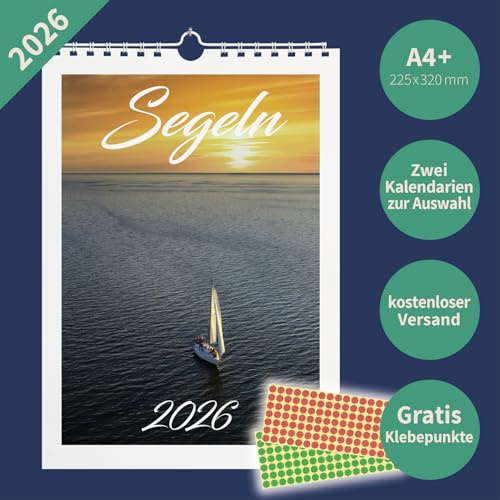 Segeln 2026 Wandkalender A4+ – Stilvolle Segelboote & Meeresmotive – 22,5×32,0 cm – mit Markierungspunkten – Fotokalender Meer & Schiffe (Kalendarium 2)