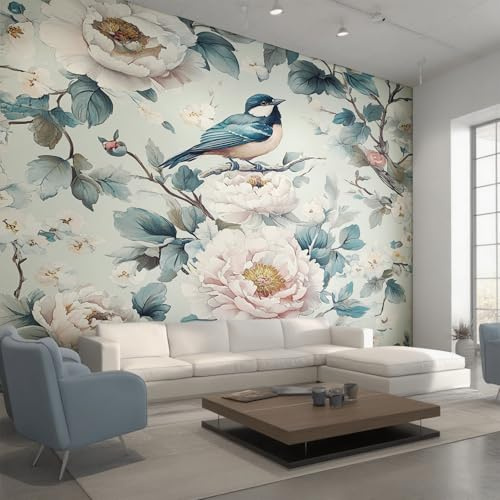 Générique Papier Peint Panoramique Fleurs et Oiseaux, Papier Peint Oiseaux et Fleurs Vintage 450 x 260 cm, Photo Décoration Murale, Papiers Peints Intissé Décoration Murale Salon Chambre EL&D73