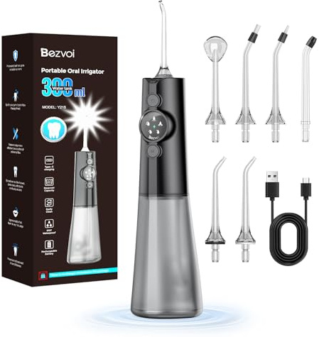 Water Flosser Munddusche Kabellos Zahnreinigung : 5 Modi LED-Anzeige Zahndusche mit 300ML Wassertank & 6 Düsen, IPX7 Wasserdichte Oral Irrigator Munddusche Testsieger(Schwarz)