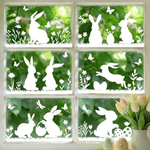 6 Stück Fensterbilder Ostern Deko, Weiß Oster Fensteraufkleber Selbstklebende Hasen Ostereier, Fenstersticker Wiederverwendbar Fensterdeko für Frühling Osterdeko Glas Kinderzimmer