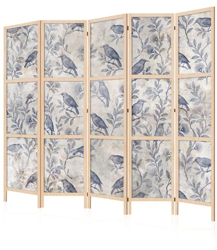 LUMASOUL Japanische Trennwand Paravent Raumteiler 225x172 cm Vogel | 5 teilig Dekorativ, Shoji-Stil, faltbar, freistehend, als Sichtschutz für Wohnräume