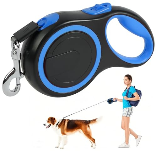 Aomig Retractable Dog Lead Tangle-Free Retractable Dog Leash, 8m/50kg Heavy-Duty Extendable Dog Leads, Robust Self-Locking Dog Lise with Quick-Lock Pause System for Outdoor Walking & Jogging Use(Blue)