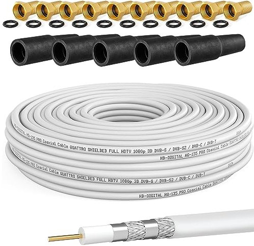Câble satellite coaxial HB-DIGITAL - 50 m - 130 dB - Avec 10 fiches F plaquées or et 5 douilles de protection - Câble coaxial de 50 m pour réception satellite, mesure de blindage 130 dB - Meilleure réception pour HDTV, 3D, Full HD, Ultra HD, HD 4K2K, UHDTV