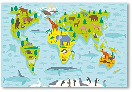 Postereck - 0860 - Weltkarte, Kinder Tiere Kontinente Lernen Schule - Kinder Kinderzimmer Kinderbild Wandposter Fotoposter Bilder Wandbild Wandbilder - Poster - 4:3-61,0 cm x 45,5 cm