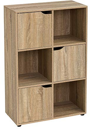 LOLAhome Estantería de Madera, Librería con Puertas y Compartimentos Abiertos, Mueble almacenaje, en Color Natural de 90x29x60 cm para para Estudio, Dormitorio, Salón, Oficina y Biblioteca