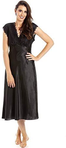 Camille Womens Luxury Satin Long Chemise - Ladies Sleeveless Lightweight Lace Nightdress - Comfotable & Breathable Summer Nightwear