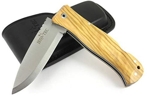JEO-TEC Nº17: Couteau Pliant de Bushcraft Randonnée Camping, Lame en Acier INOX Sandvik 14C28N, Étui en Cuir Multiposition, Fabriqué en Espagne