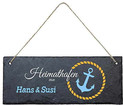 Geschenke 24 Schiefertafel zum Aufhängen Heimathafen (Anker, farbig) - Personalisierte Schieferplatte mit Namen und Spruch - Eingangstür Haustür - Deko Maritim, Wanddeko