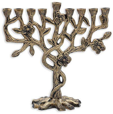 Tree of Life Aluminium Chanukka Menora - Passend Für Alle Standard Chanukka Kerzen - Menorah Hanukkah - Baum des Lebens - Antikes Gold - 20 cm Hoch