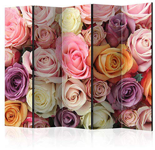decomonkey Paravent Raumteiler Innen Blumen 225x172 cm 5 Teilig Beidseitig Room Divider Wall Raumteiler Stehend Trennwand Sichtschutz Spanische Wand Sichtschutzwand Wohnzimmer Holz Rose Natur