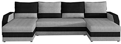 Ecksofa mit Schlaffunktion mit Bettkasten Couch U-Form Polstergarnitur Wohnlandschaft Polstersofa mit Ottomane Couchgranitur - Mirian U (Hellgrau +Schwarz (Paros 05+Kronos 07))