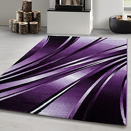 Carpetsale24 Teppich Wohnzimmer Moderne Abstrakt Wellen Design Lila - Schwarz- Weiß 200 x 290 cm - Kurzflor Teppich Schlafzimmer Pflegeleicht Extra Weich - Flauschig Teppich Waschbar Esszimmer Küche