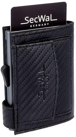 SecWal Kartenetui mit Münzfach Druckknopf inkl. Geschenkbox - Made in Germany - Echtleder Mini Geldbörse inkl. E-Book für Damen und Herren - RFID Schutz Geldbeutel klein (Carbon Schwarz)